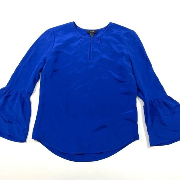 J Crew Silk Bell Sleeve Blouse Blue Keyhole Size 0 - Picture 1 of 6